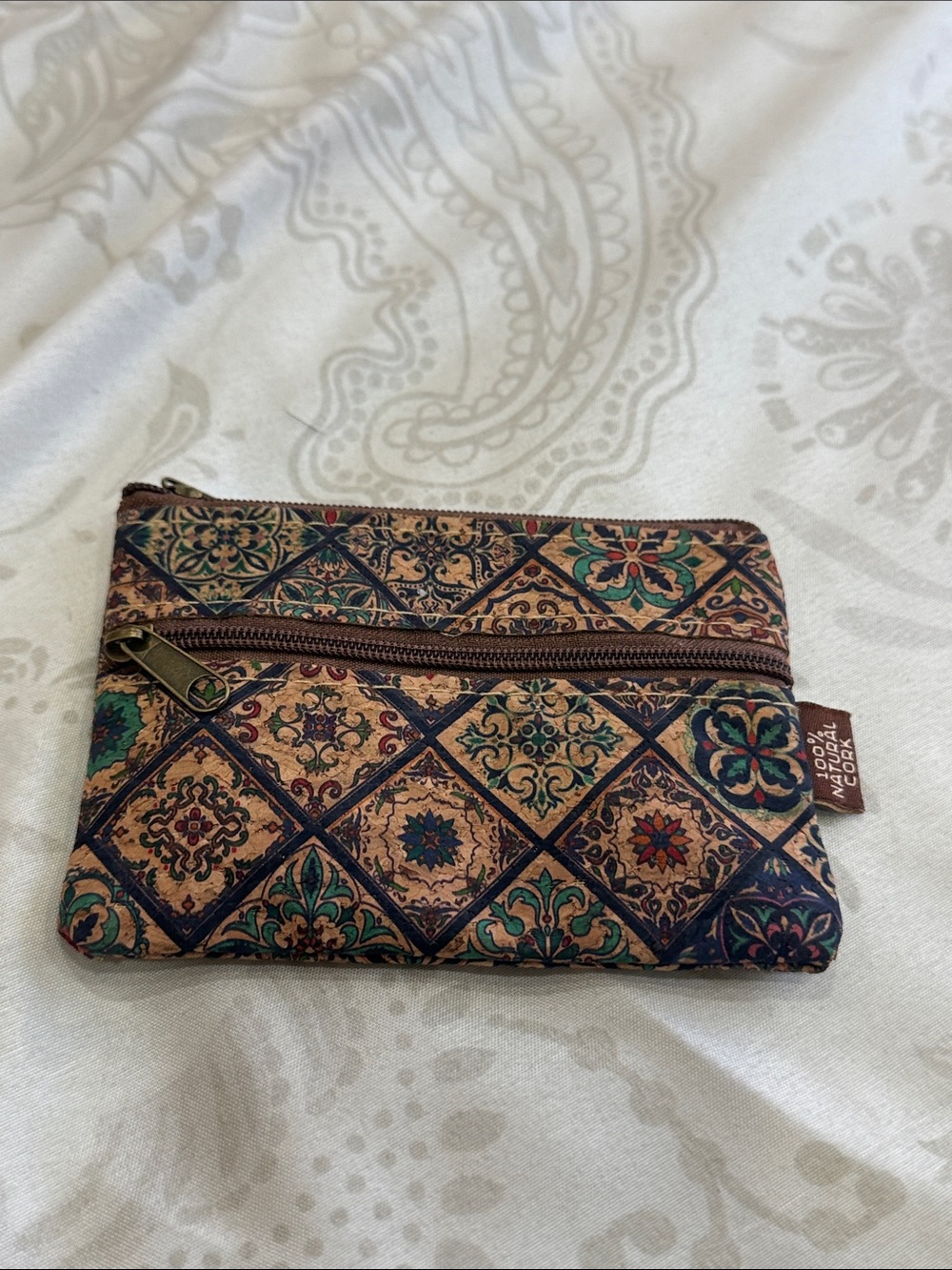 Patterned Zip Pouch in Teal, Navy & Tan